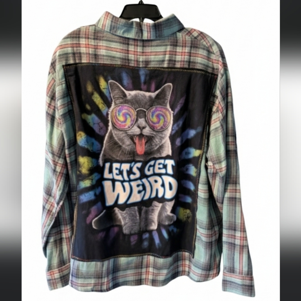 Weird Cat New Flannel Plaid Shirt Upcycled Hand Crafted